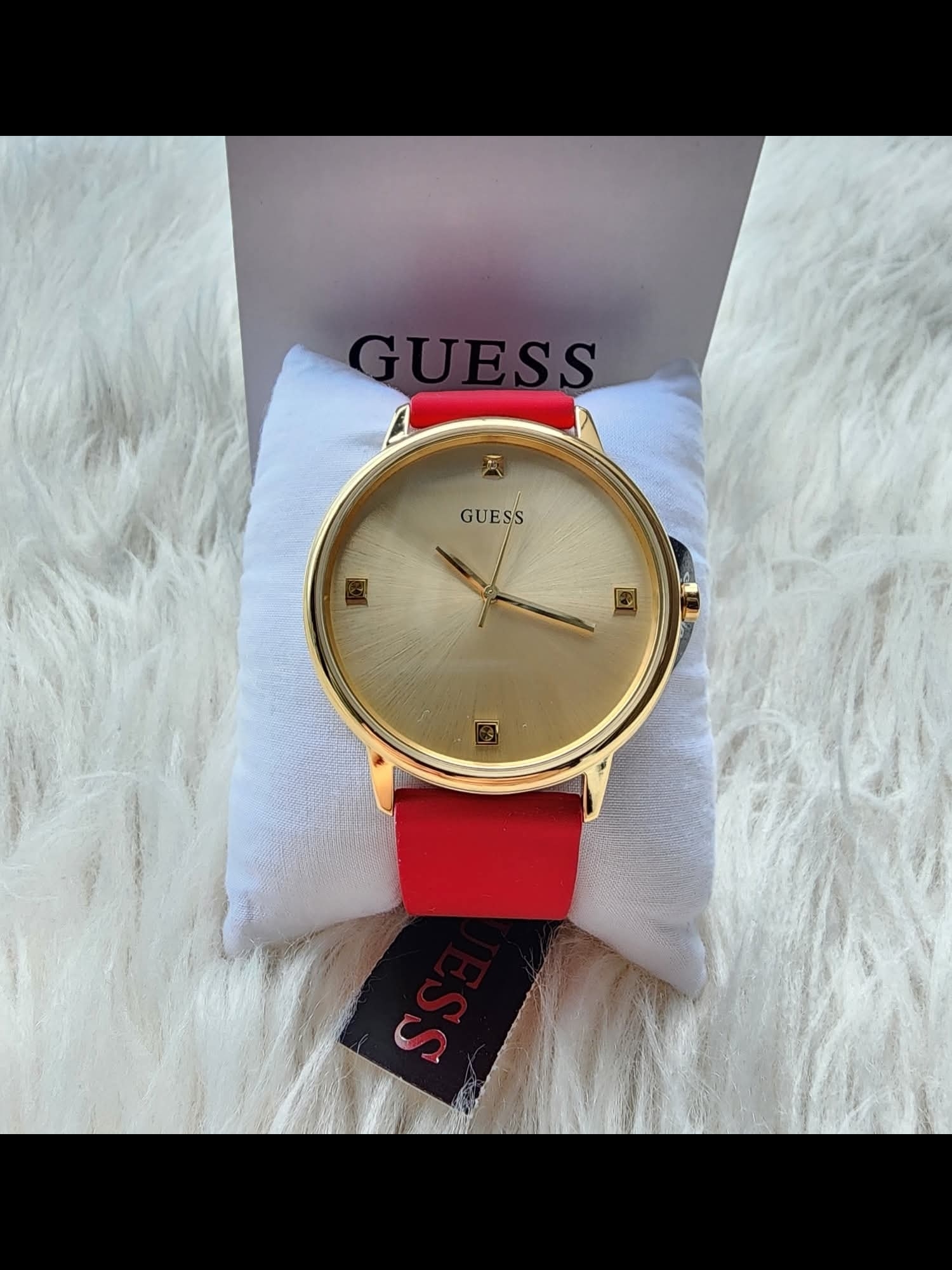 Guess Gold-Tone Dial Watch With Red Strap